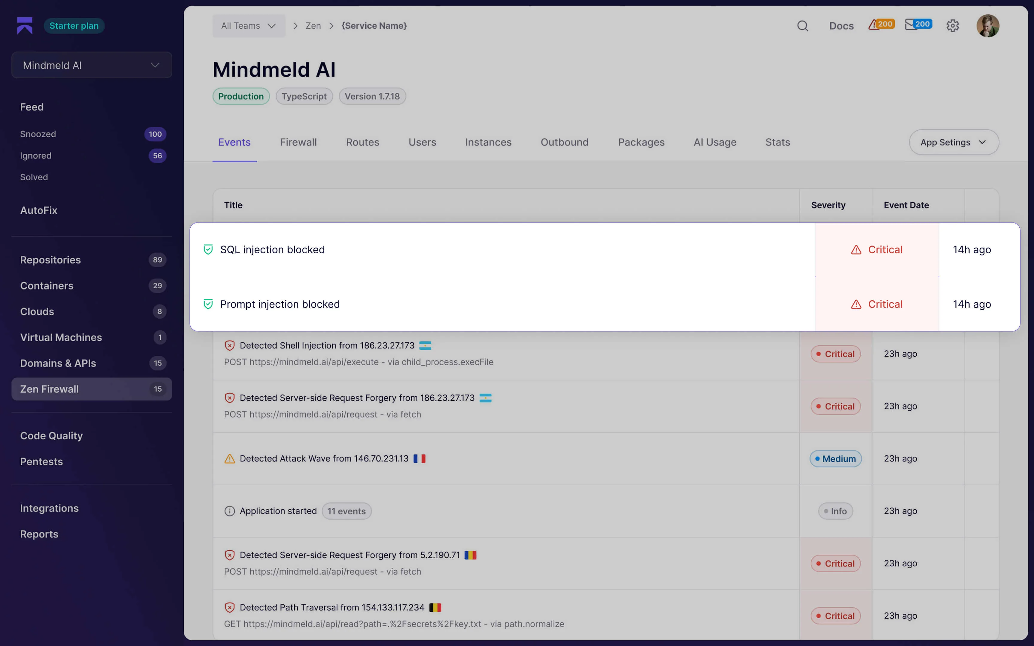 Aikido Zen firewall runtime protection dashboard showing blocked SQL injection and prompt injection attacks with severity levels, source IPs, and event timeline