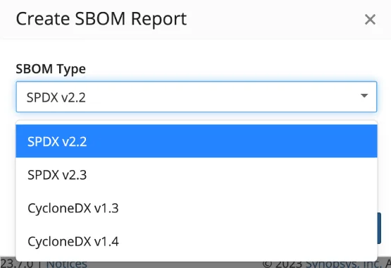 Black Duck SBOM report generation dialog showing format options including SPDX v2.2, SPDX v2.3, CycloneDX 1.3, and CycloneDX 1.4