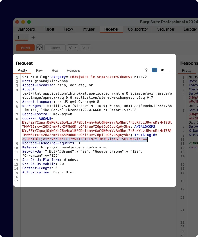Burp Suite Professional Repeater tab showing HTTP request editor with headers, cookies, and response panel — the core manual testing workflow for pentesters