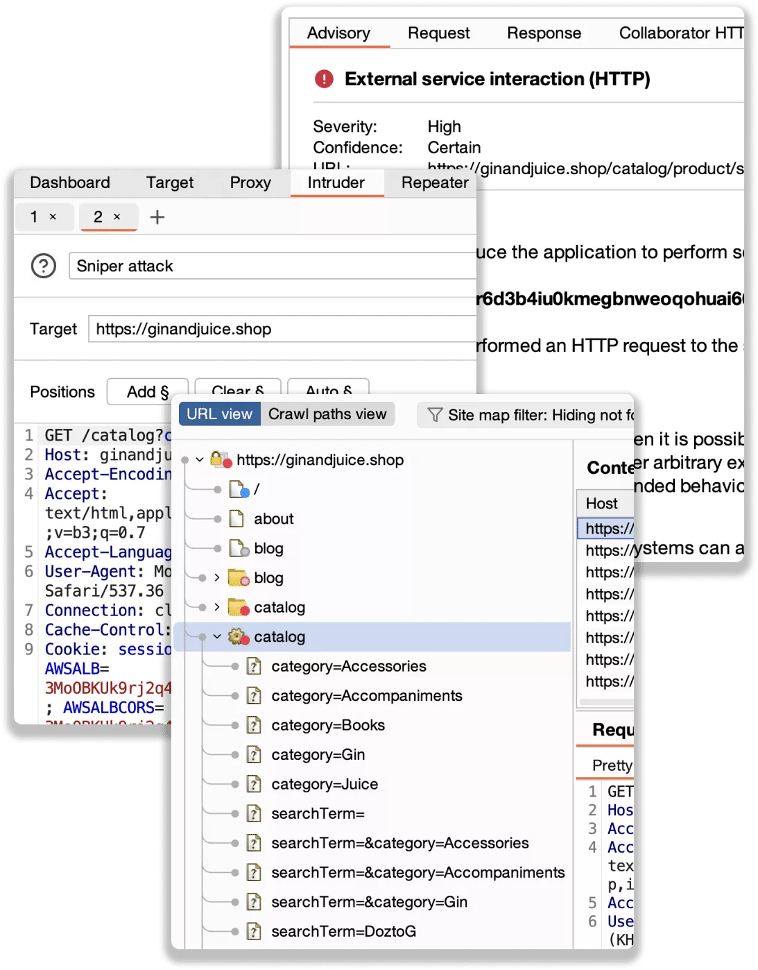 Burp Suite Professional composite view showing site map with URL tree, Intruder Sniper attack configuration, vulnerability advisory panel with External Service Interaction finding, and request editor