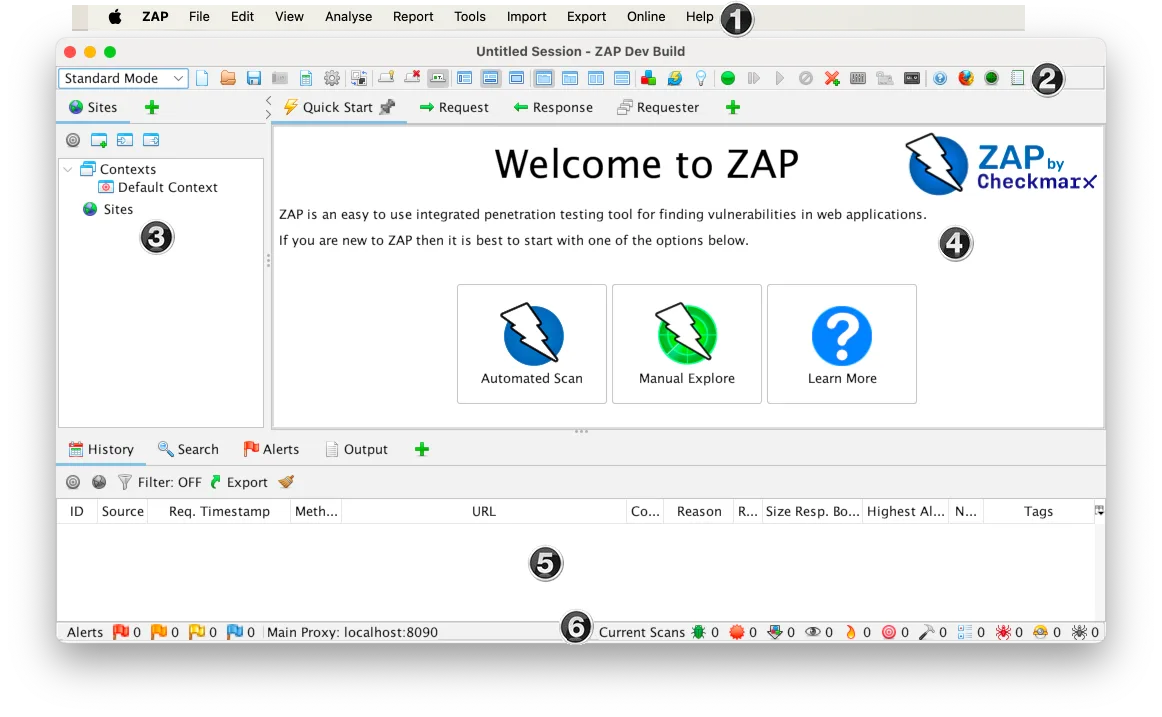ZAP desktop application main interface with Sites tree, Quick Start tab offering Automated Scan and Manual Explore, and the bottom panel showing History, Search, Alerts, and Output tabs