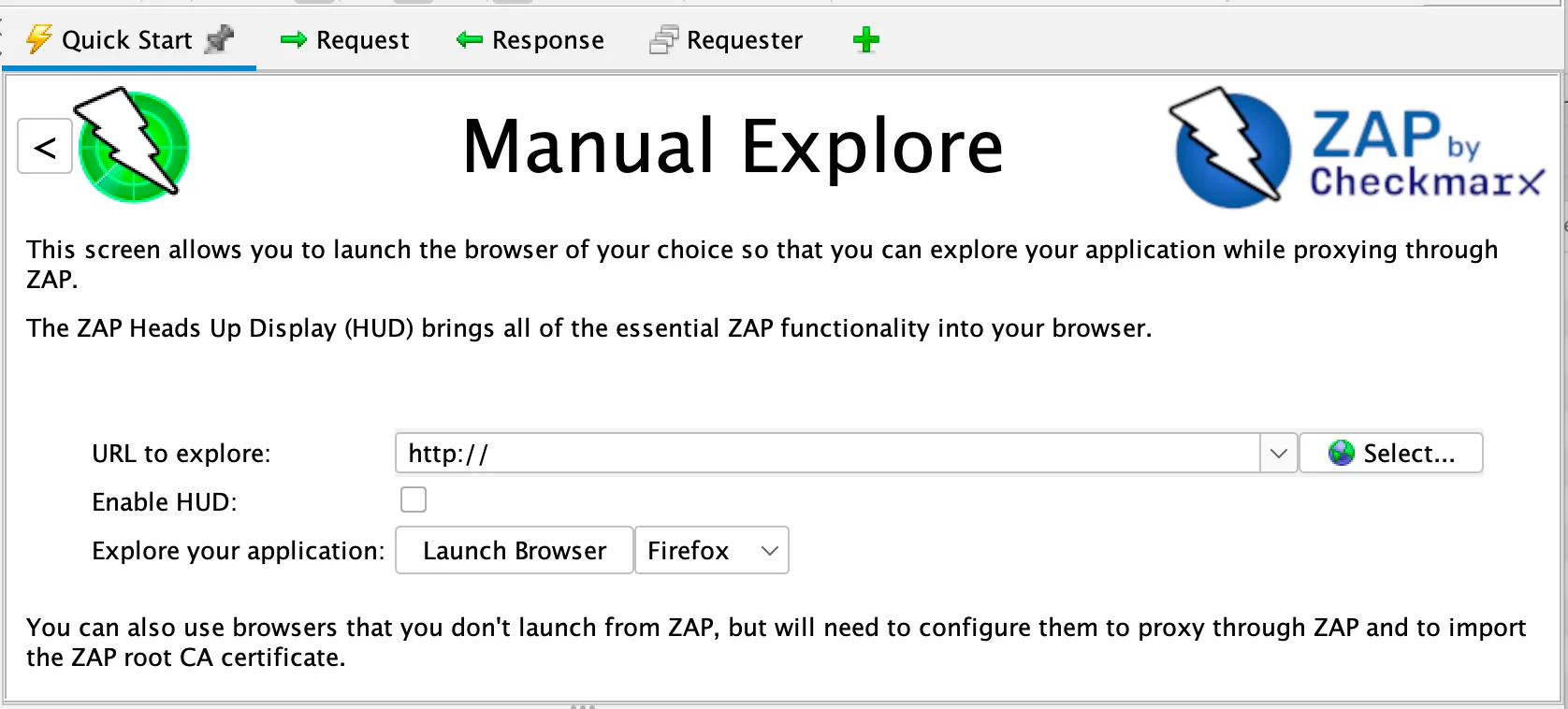 ZAP Manual Explore configuration allowing users to set a target URL and choose their preferred browser for manual security testing