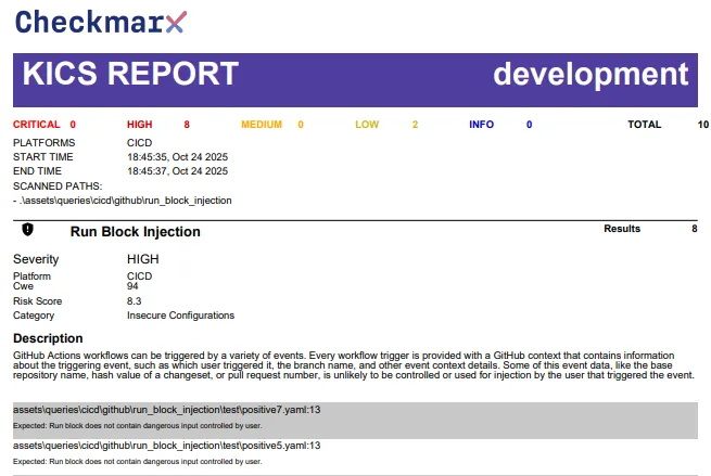 KICS PDF report output with severity summary, platform details, scan timestamps, and vulnerability findings organized by severity level