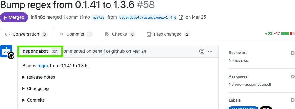 Dependabot pull request on GitHub showing an automated version bump with release notes, changelog, and commit details