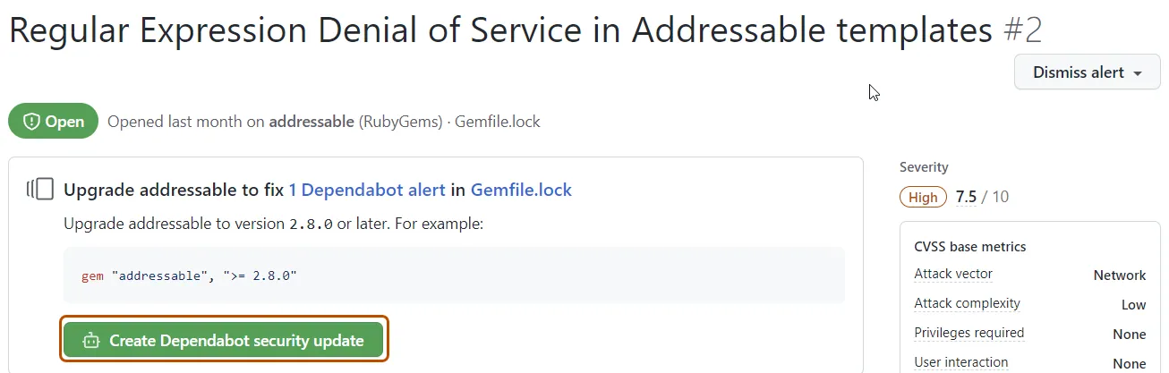 Dependabot security update interface on GitHub showing the Create Dependabot security update button for addressing a vulnerable dependency