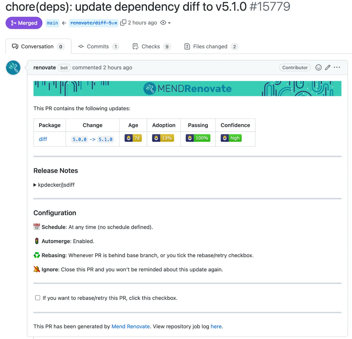 Renovate automerged pull request on GitHub showing an automatically merged dependency update with version change details and merge confidence data
