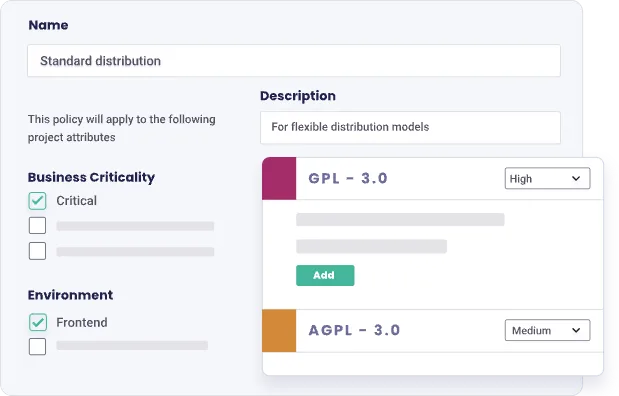 Snyk platform project settings showing business criticality and environment configuration with license policy management for GPL and AGPL compliance