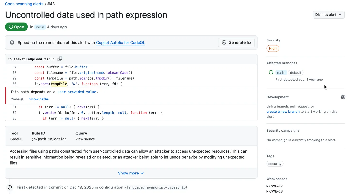 GitHub code scanning alert from CodeQL showing a path injection vulnerability with source code context, data flow path from user input to sink, severity rating, CWE references, and Copilot Autofix integration