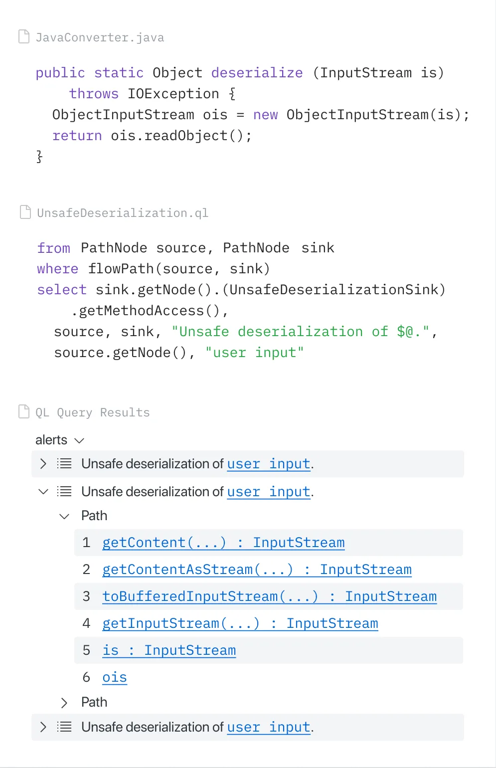 CodeQL VS Code extension showing a QL query for unsafe deserialization alongside query results with data flow paths from InputStream through deserialization sinks