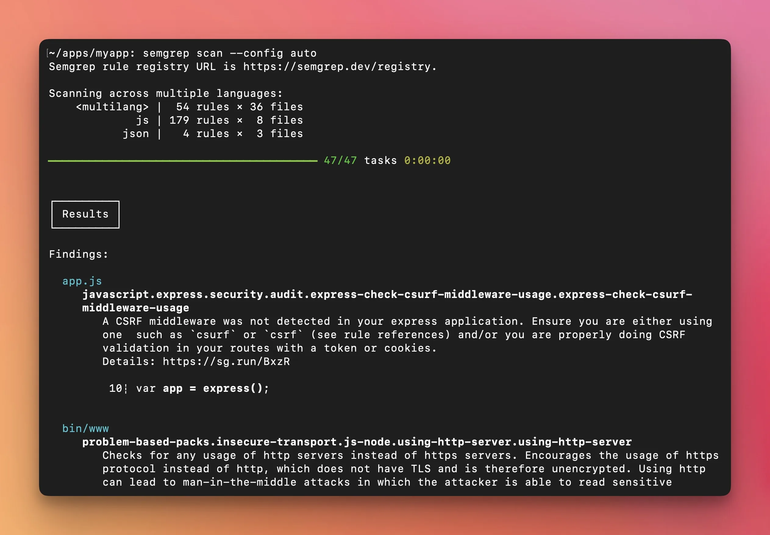 Semgrep CLI scan running against a project showing multi-language rule matching, progress bar, and security findings with file paths and rule descriptions