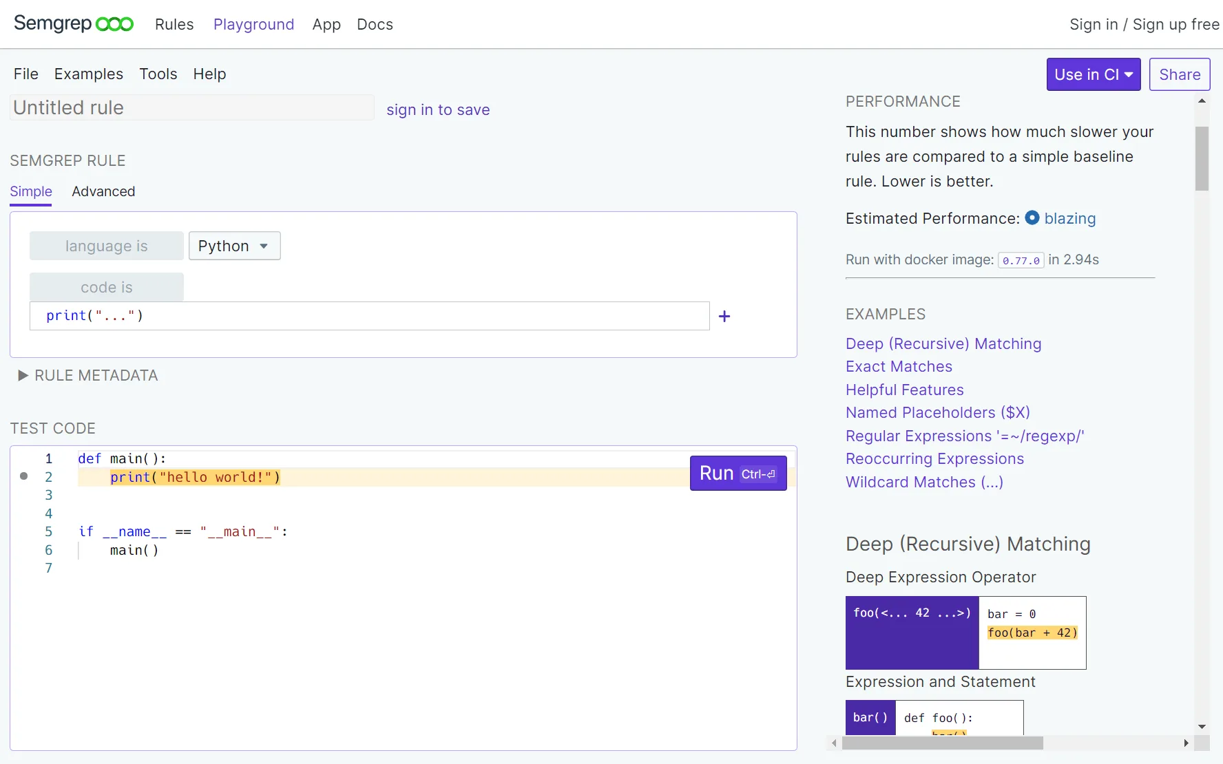 Semgrep Playground showing the rule editor with pattern matching, test code, and performance metrics