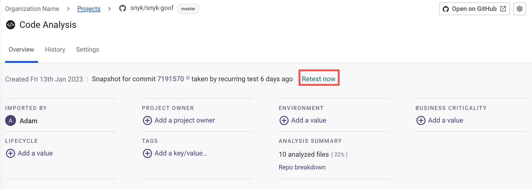 Snyk Code scan results showing vulnerability findings with severity filters and project view