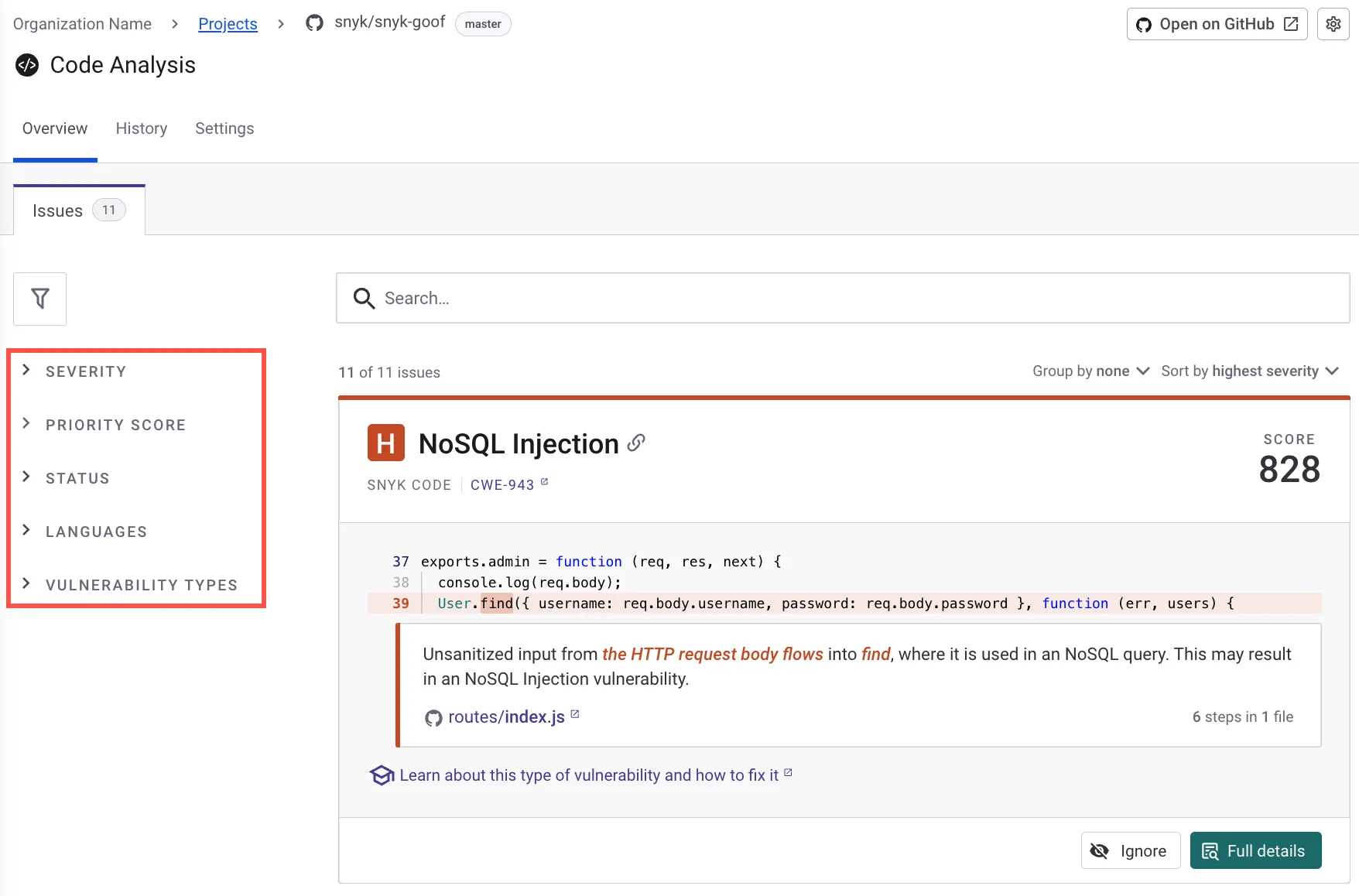 Snyk Code vulnerability filters showing severity-based filtering and issue categorization