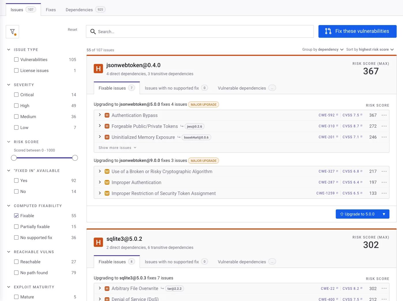 Snyk Open Source issues tab showing vulnerability severity breakdown with filtering by issue type, severity, and exploitability