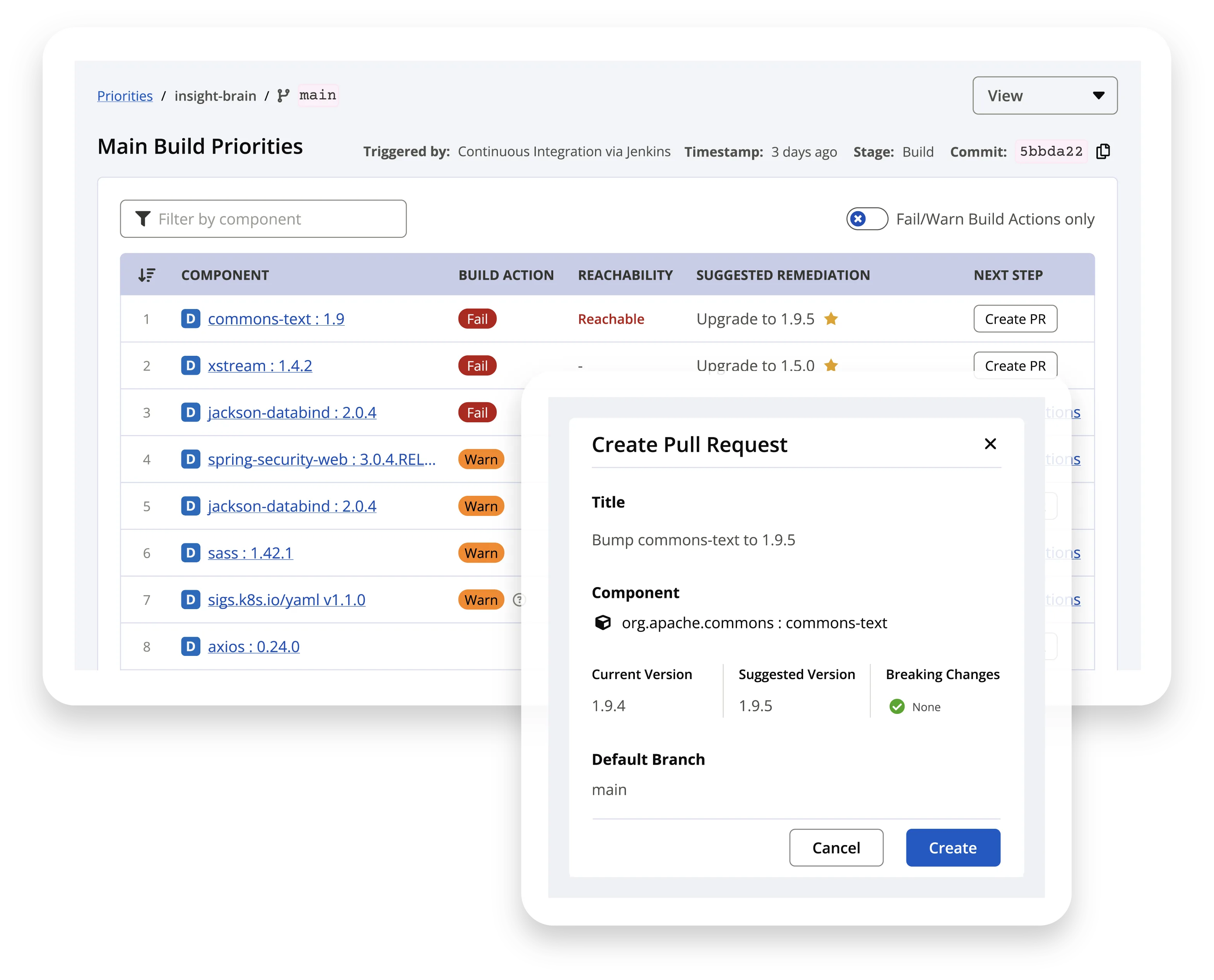 Sonatype Lifecycle Golden PR creation dialog showing component upgrade from version 1.9.4 to 1.9.5 with zero breaking changes