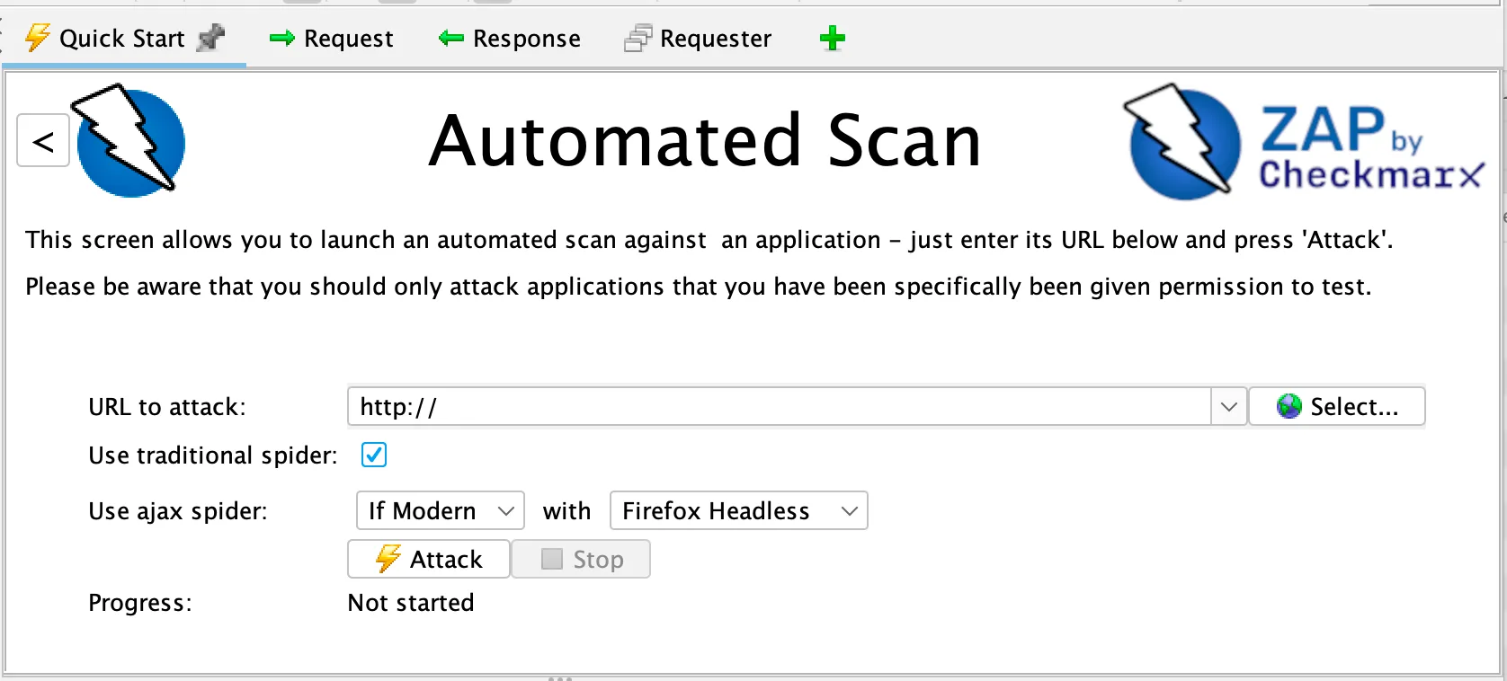 ZAP automated scan configuration showing URL to attack input and scan launch options