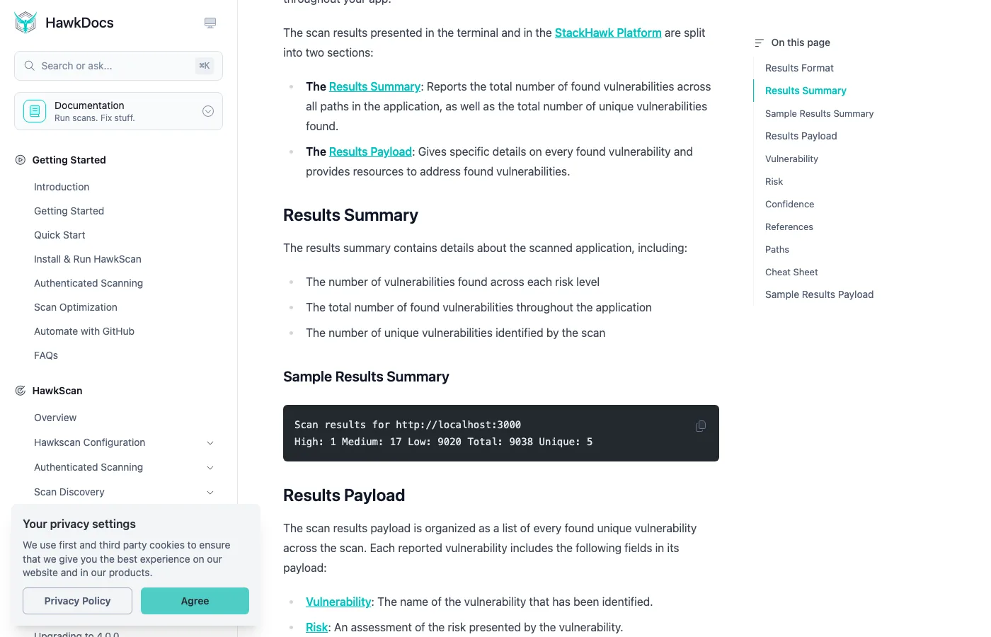 StackHawk scan results documentation showing the Results Summary with vulnerability counts by severity and the Results Payload structure for detailed finding analysis
