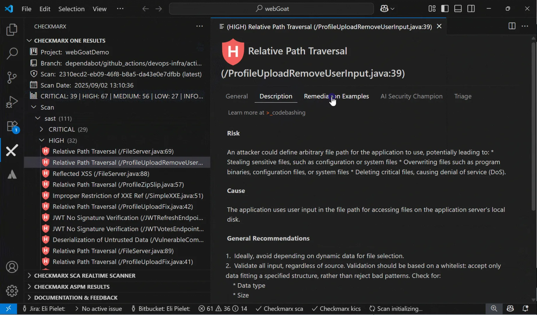 Checkmarx One SAST scan results showing a Relative Path Traversal vulnerability with risk description, cause analysis, and remediation recommendations in VS Code
