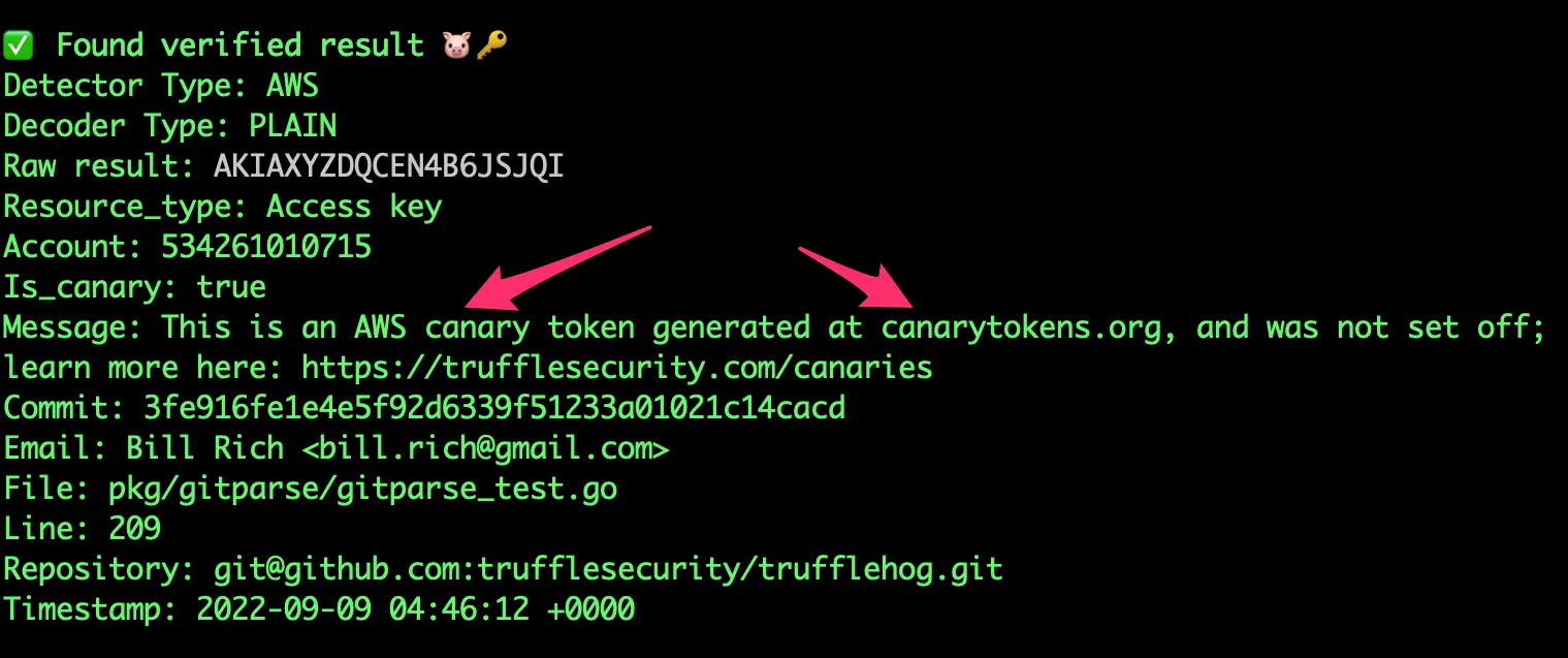 TruffleHog CLI output showing detected secrets with verification status, detector type, and source location across scanned repositories