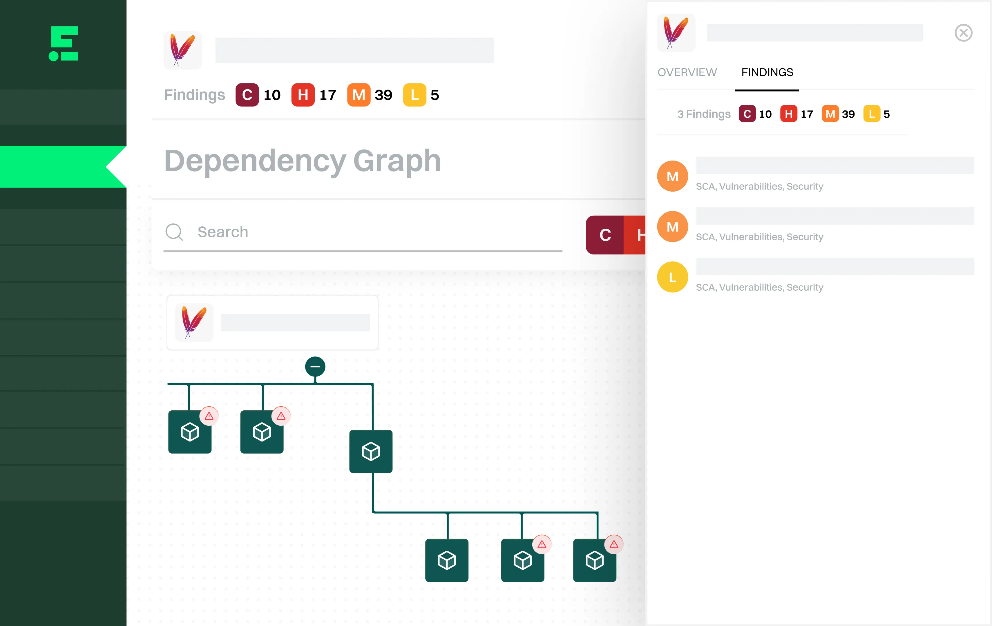 Endor Labs dependency graph visualization showing package dependencies with severity indicators and findings panel listing SCA vulnerabilities by criticality