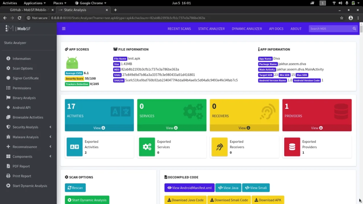 MobSF static analysis dashboard showing app security scores, file information, Android activities, services, receivers, and decompiled code options