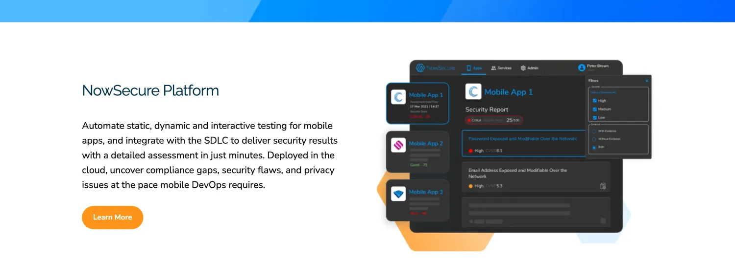NowSecure Platform product section showing the Mobile App 1 Security Report dashboard with high-severity findings and an address-exposure alert, paired with the platform description โ automating static, dynamic, and interactive testing for mobile apps integrated with the SDLC