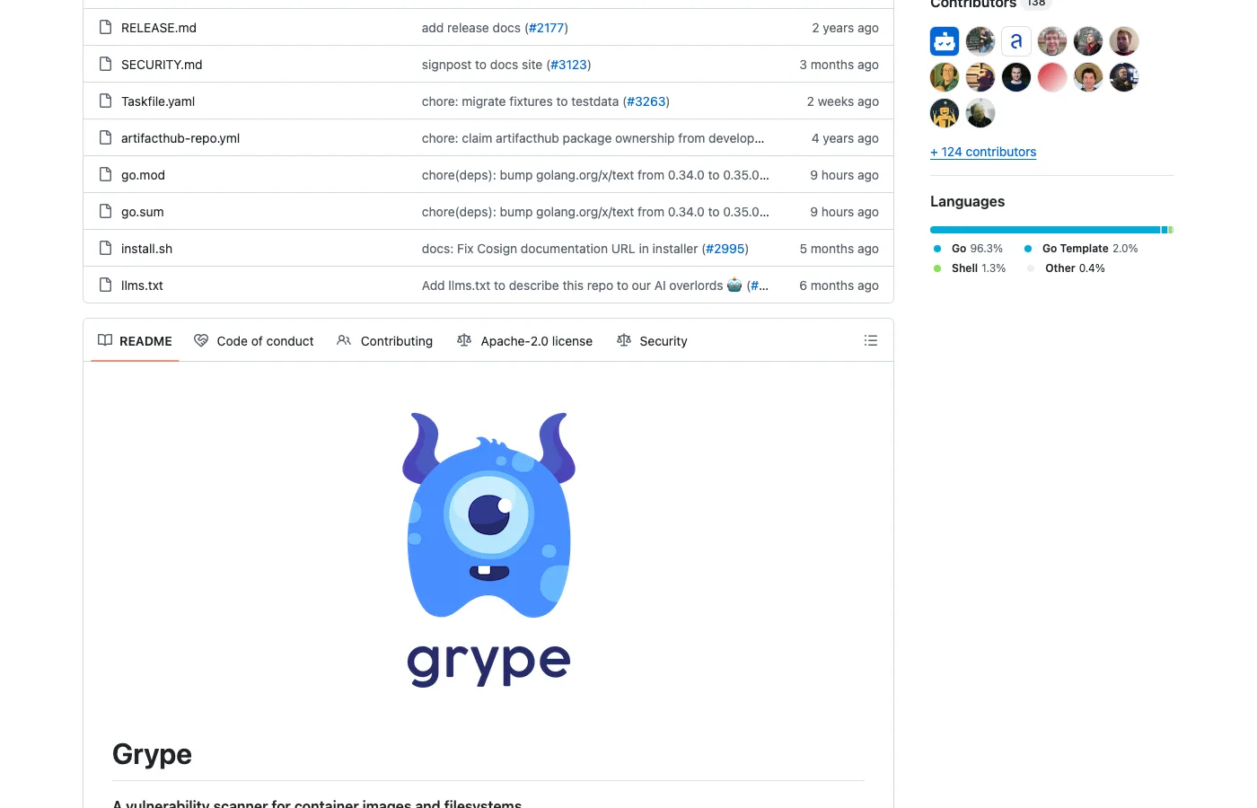 Grype vulnerability scanner GitHub repository showing the CLI tool README with container image scanning capabilities