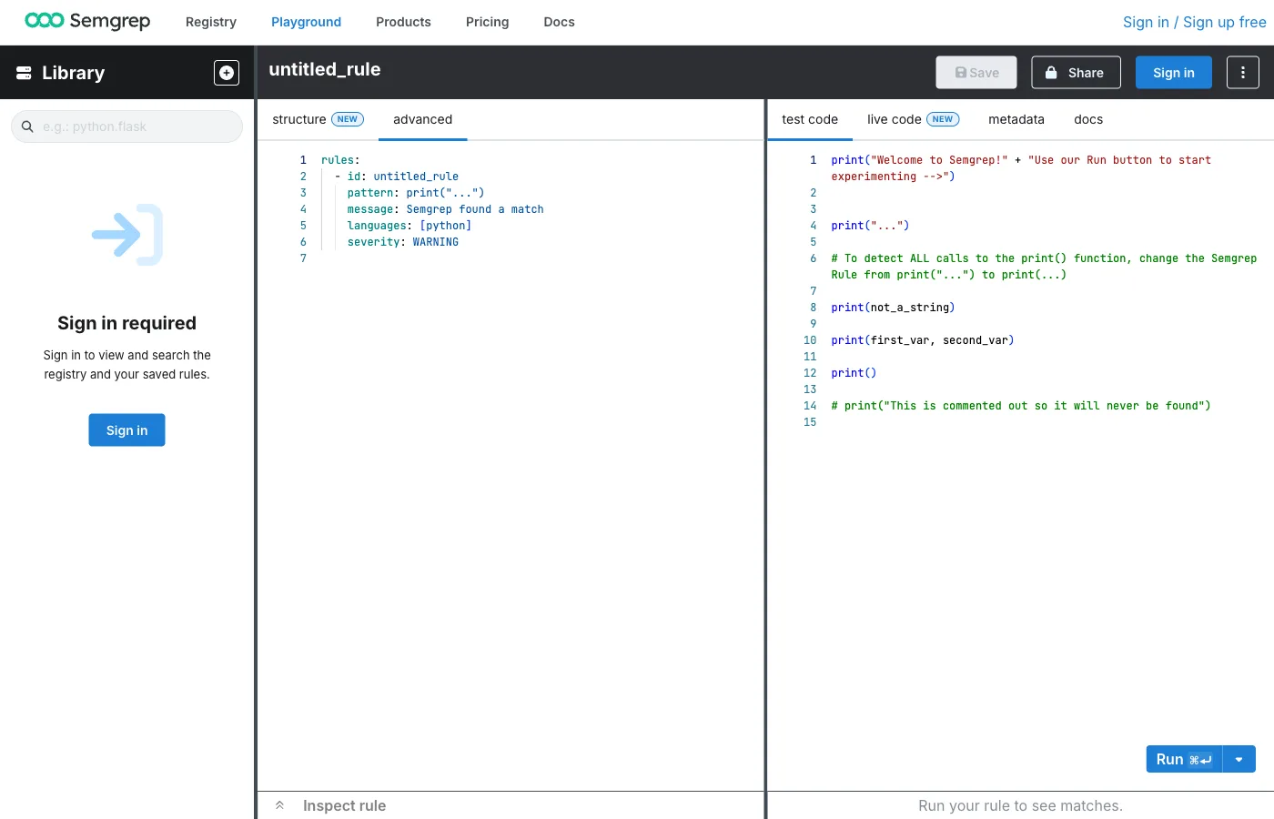 Semgrep Playground showing a YAML rule definition on the left and matching Python code on the right, with the Run button to test patterns in real time