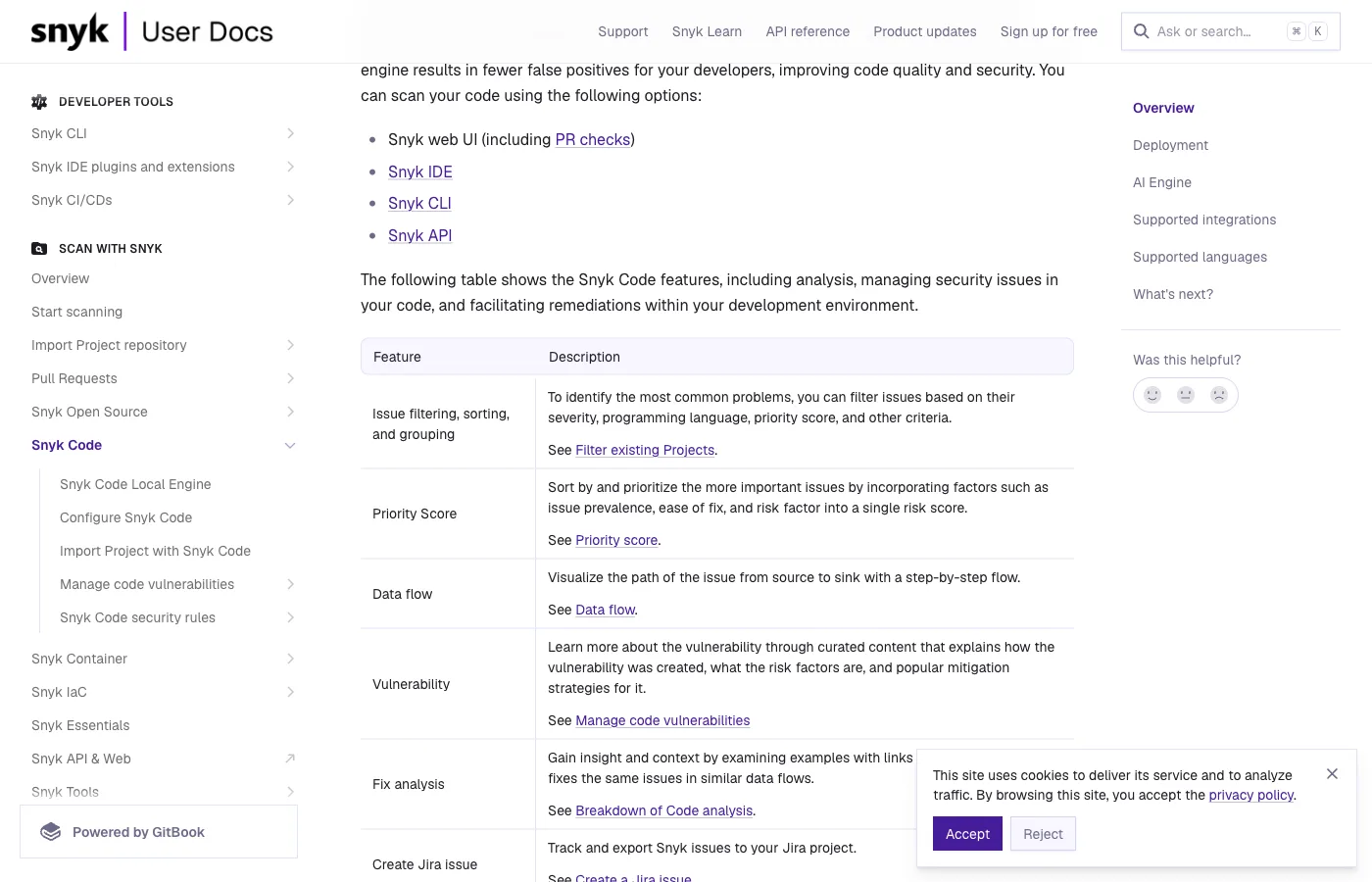 Snyk Code documentation showing scan features including issue filtering, priority scoring, data flow analysis, vulnerability details, and AI-powered fix suggestions