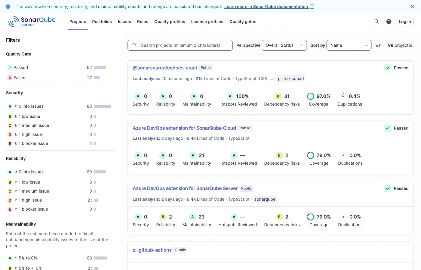 SonarQube Server projects dashboard showing quality gate status, security ratings, reliability scores, maintainability metrics, and code coverage for multiple repositories