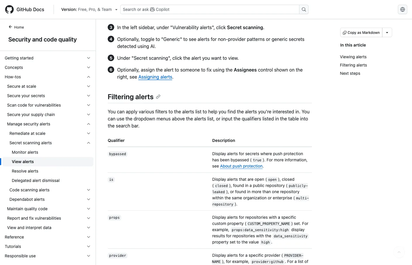 GitHub Secret Scanning documentation showing alert filtering options by provider, type, and qualifier for managing detected secrets across repositories