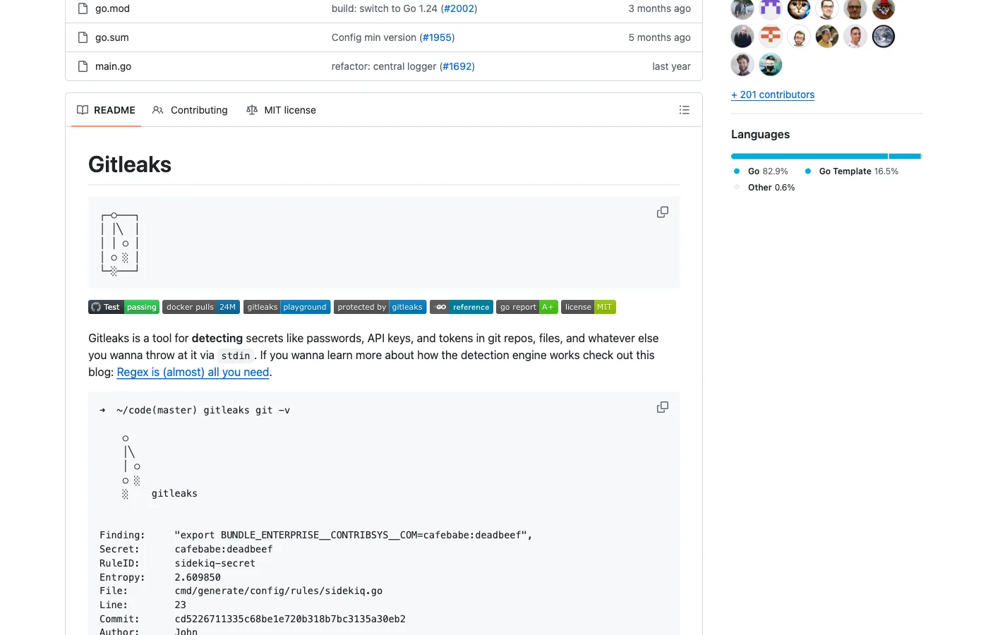 Gitleaks CLI output showing a detected secret finding with the secret value, rule ID, entropy score, file path, line number, and git commit hash