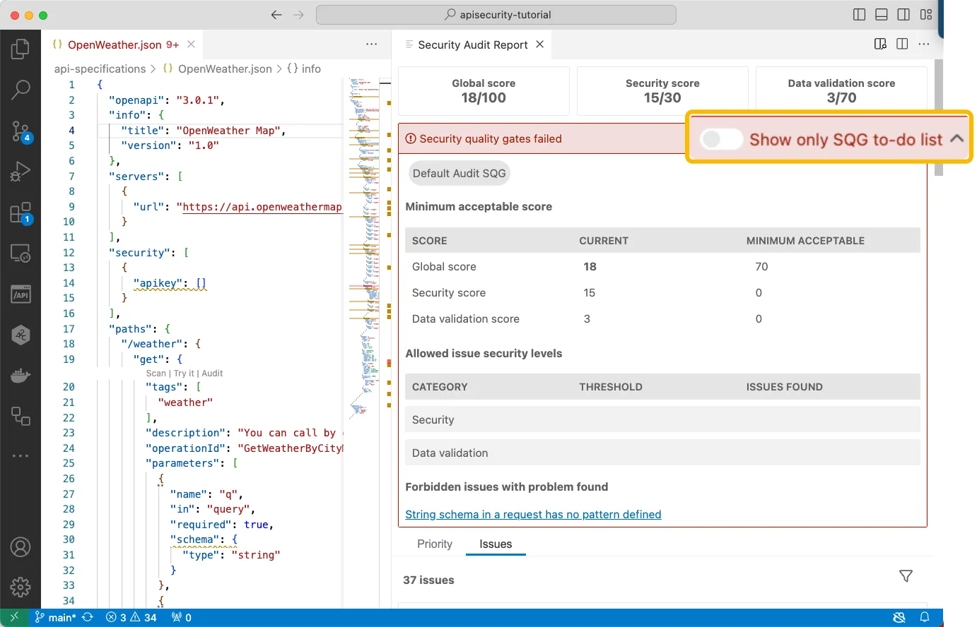 42Crunch API security audit listing OpenAPI specification issues — missing authentication, weak response codes, and security definition gaps — with severity badges and remediation hints