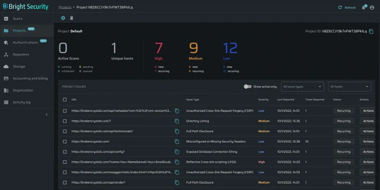 Bright Security dashboard showing scan results and vulnerability breakdown