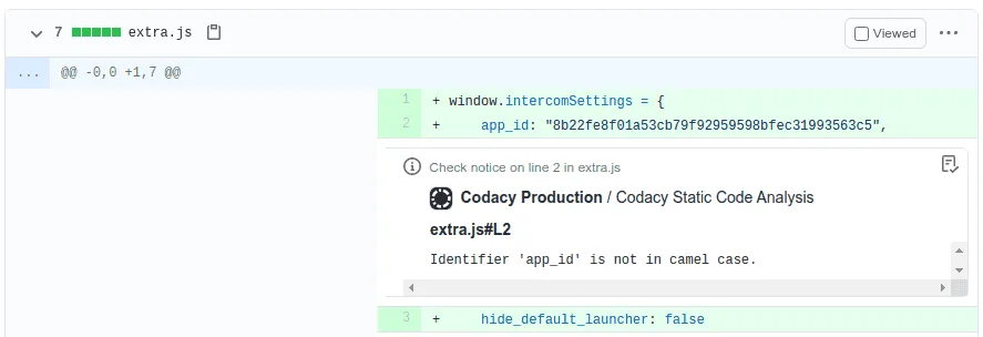Codacy inline issue annotation on a GitHub pull request diff