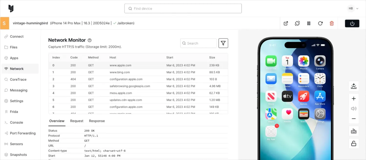Corellium virtual devices dashboard showing live virtual iOS and Android phones with model, OS version, status, and CPU/memory utilization per device
