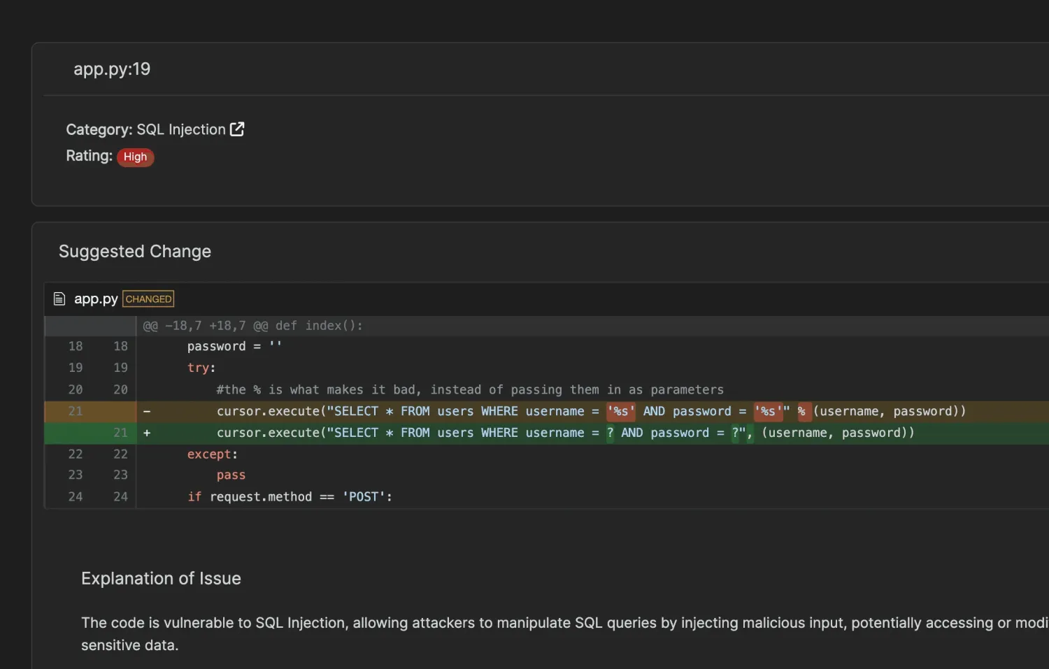 Corgea auto-fix diff view showing the vulnerable code on one side and the AI-generated patched code on the other, with removed and added lines highlighted.