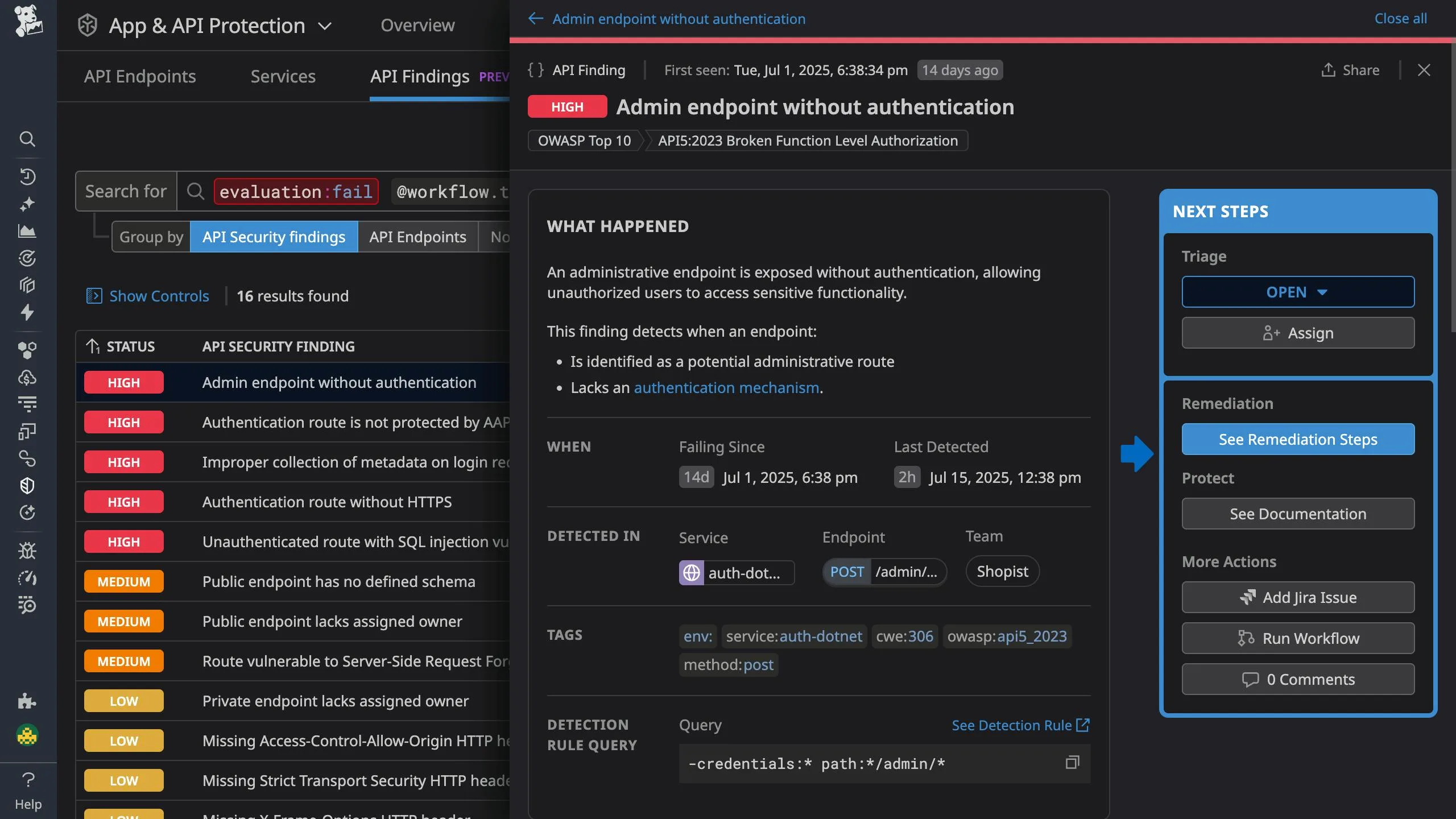 Datadog App and API Protection overview showing attack detection across services