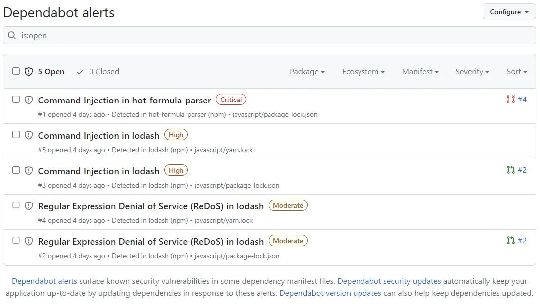 Dependabot alerts list showing vulnerability severity, affected packages, and ecosystem details