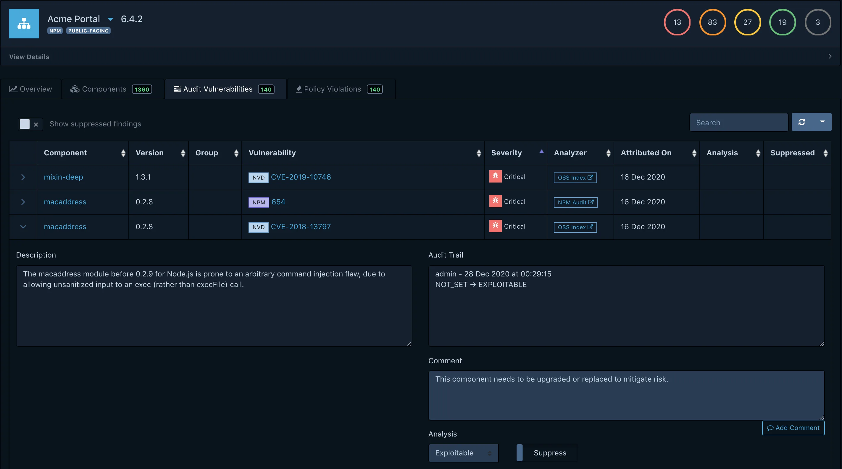 Dependency-Track vulnerability audit view showing findings with severity levels, analysis state, and component details