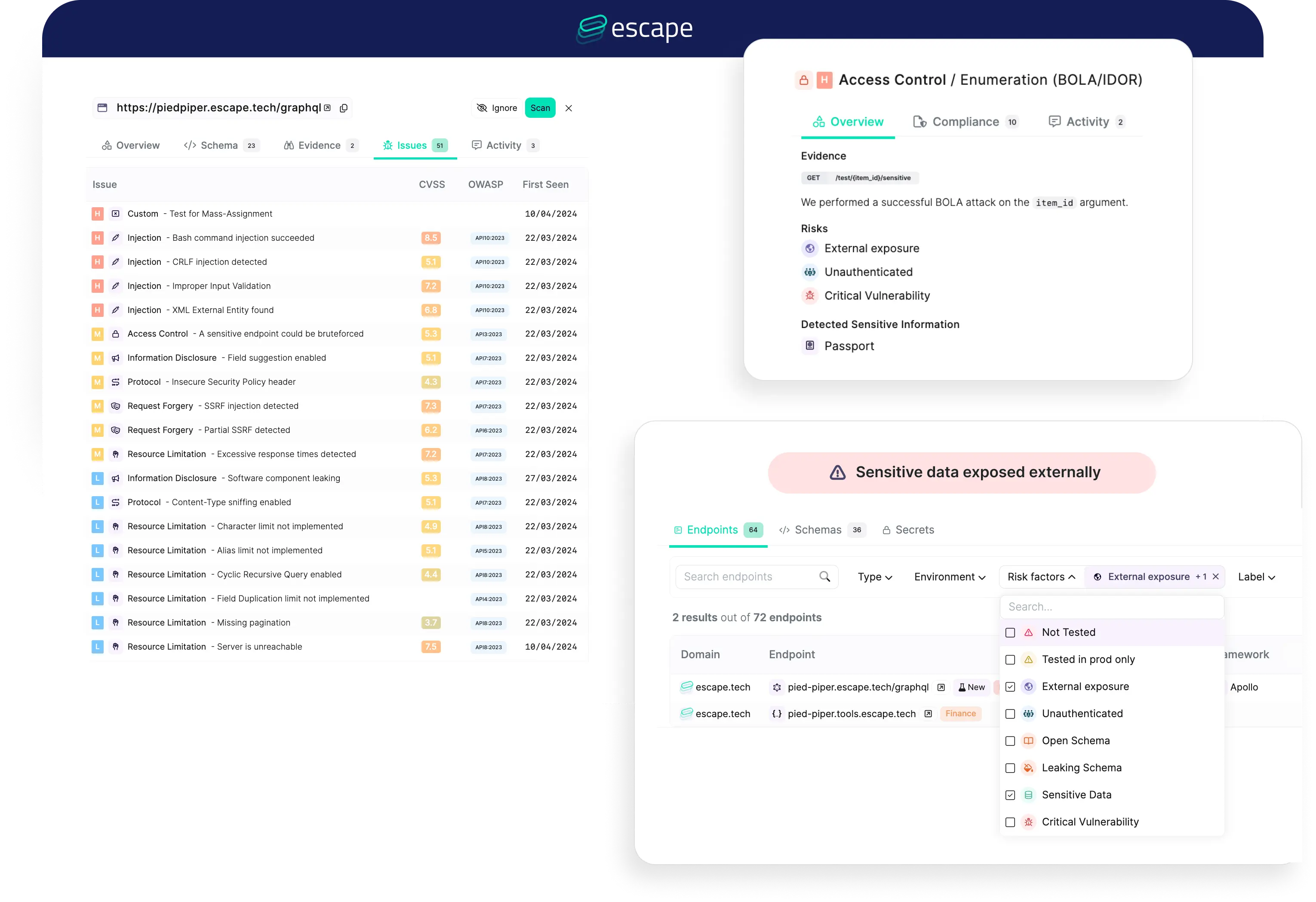 Escape API security dashboard showing discovered APIs and vulnerability context