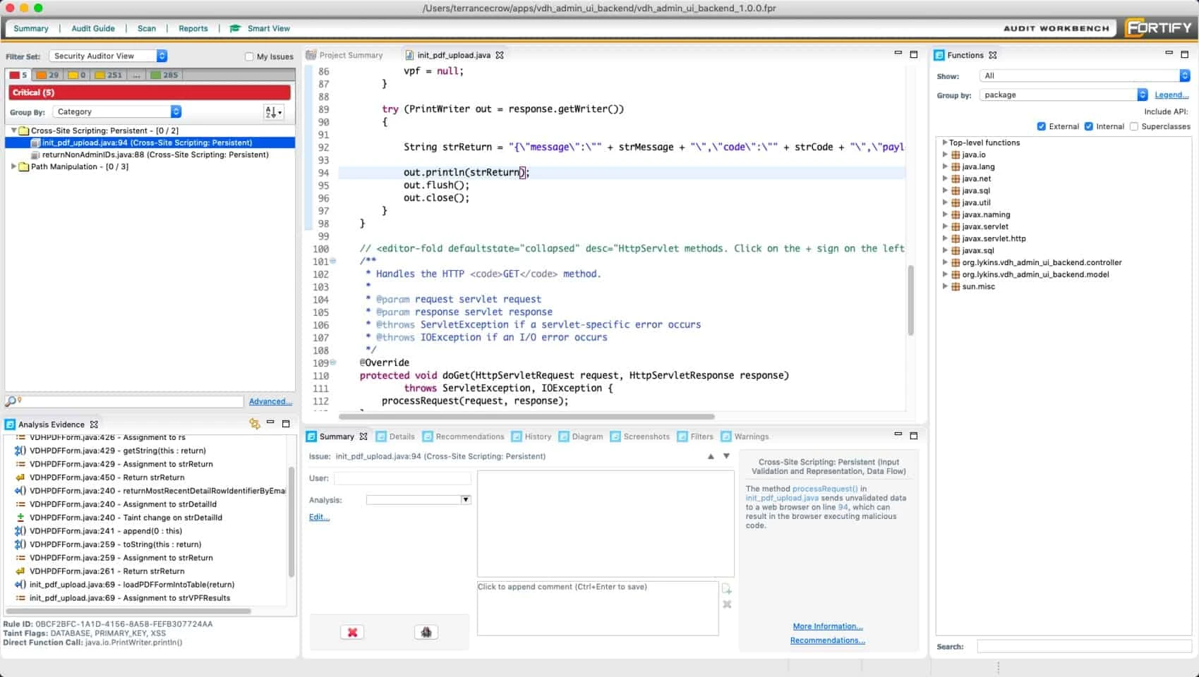 Fortify Audit Workbench showing code view with vulnerability findings and analysis evidence panel