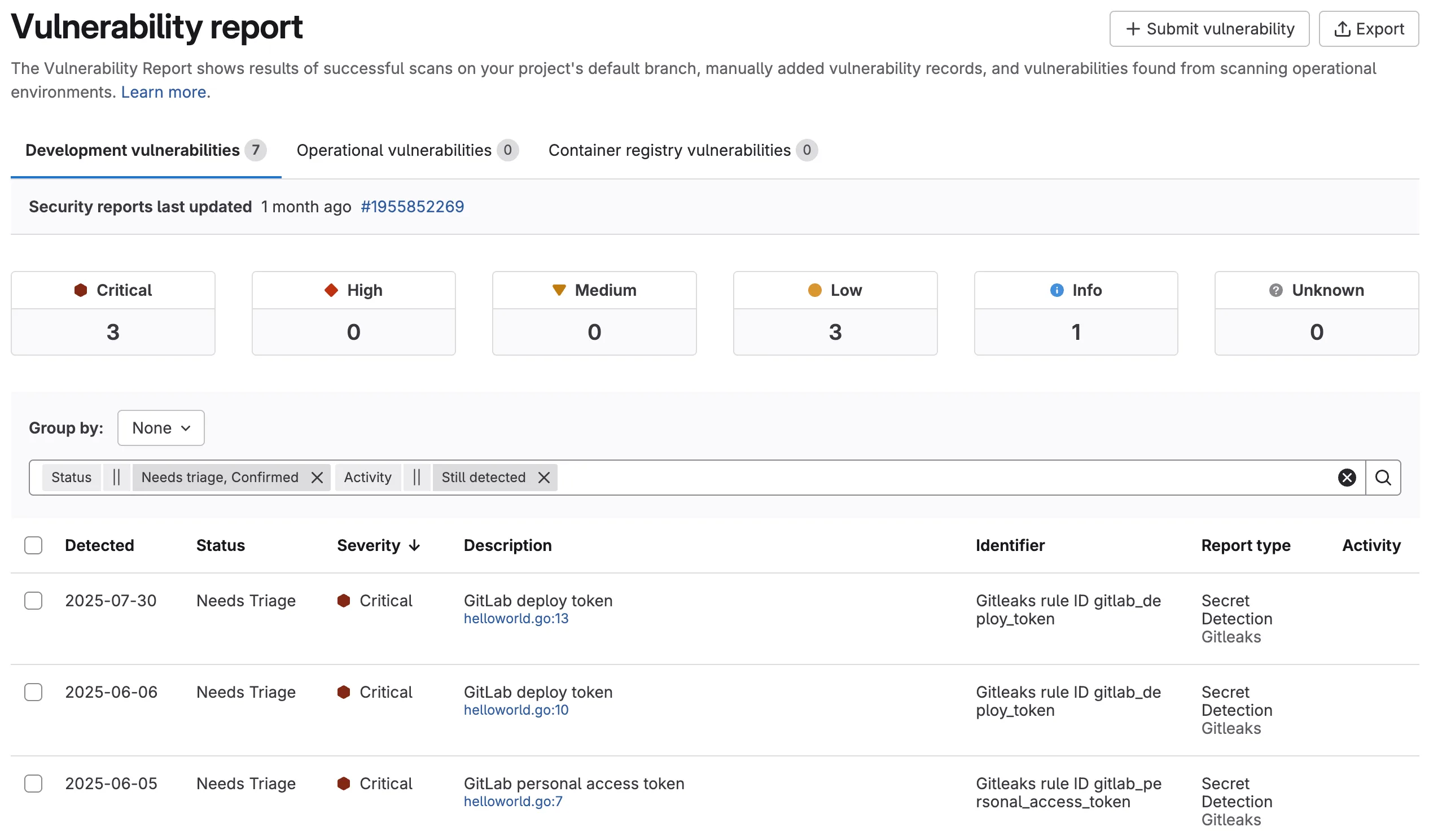 GitLab vulnerability report showing DAST findings with severity and status