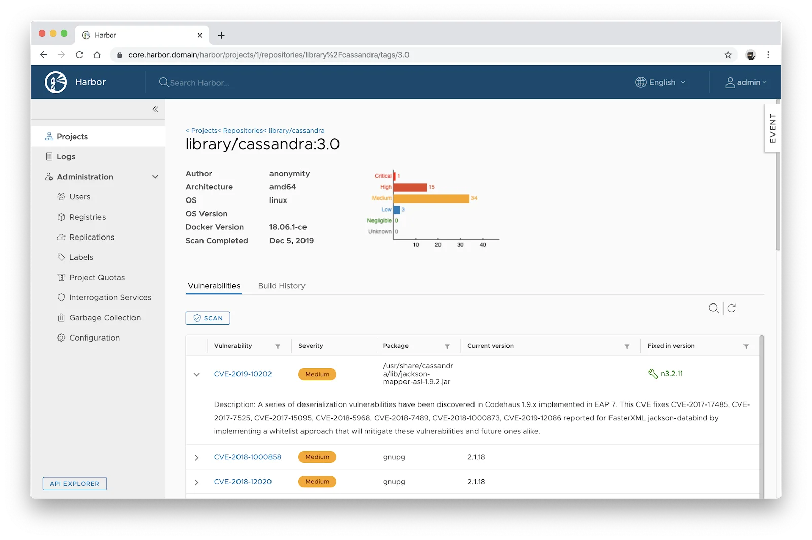 Harbor vulnerability scan report for a container image listing CVEs by severity with the affected package, current version, fixed version, and vulnerability links