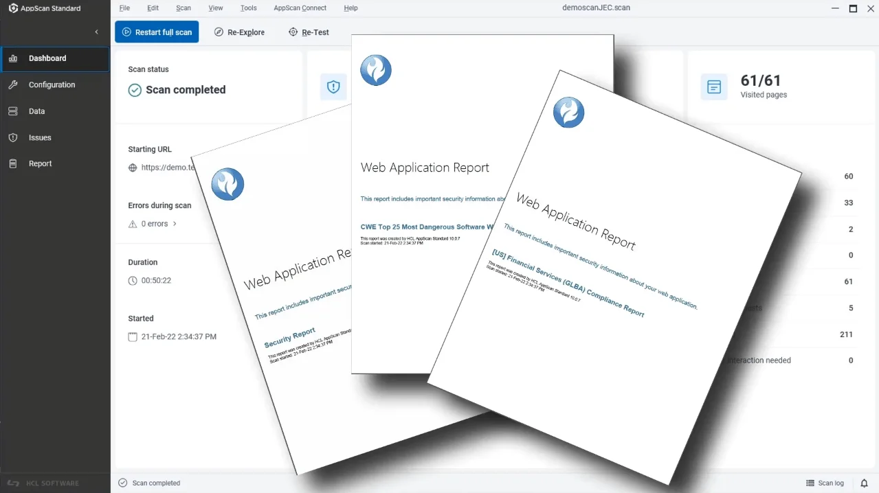 HCL AppScan Standard dashboard showing a completed scan behind two overlaid Web Application Report documents, including a CWE Top 25 report and a US Financial Services (GLBA) Compliance Report.