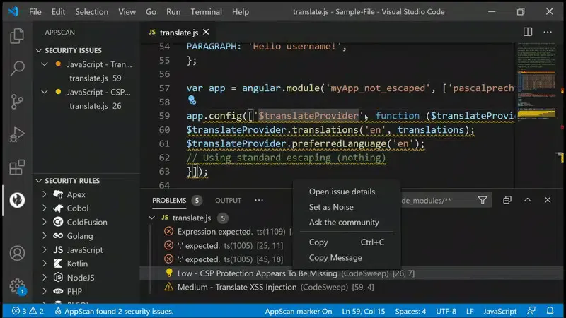 HCL AppScan CodeSweep VS Code extension showing inline security findings including CSP missing and XSS injection in translate.js
