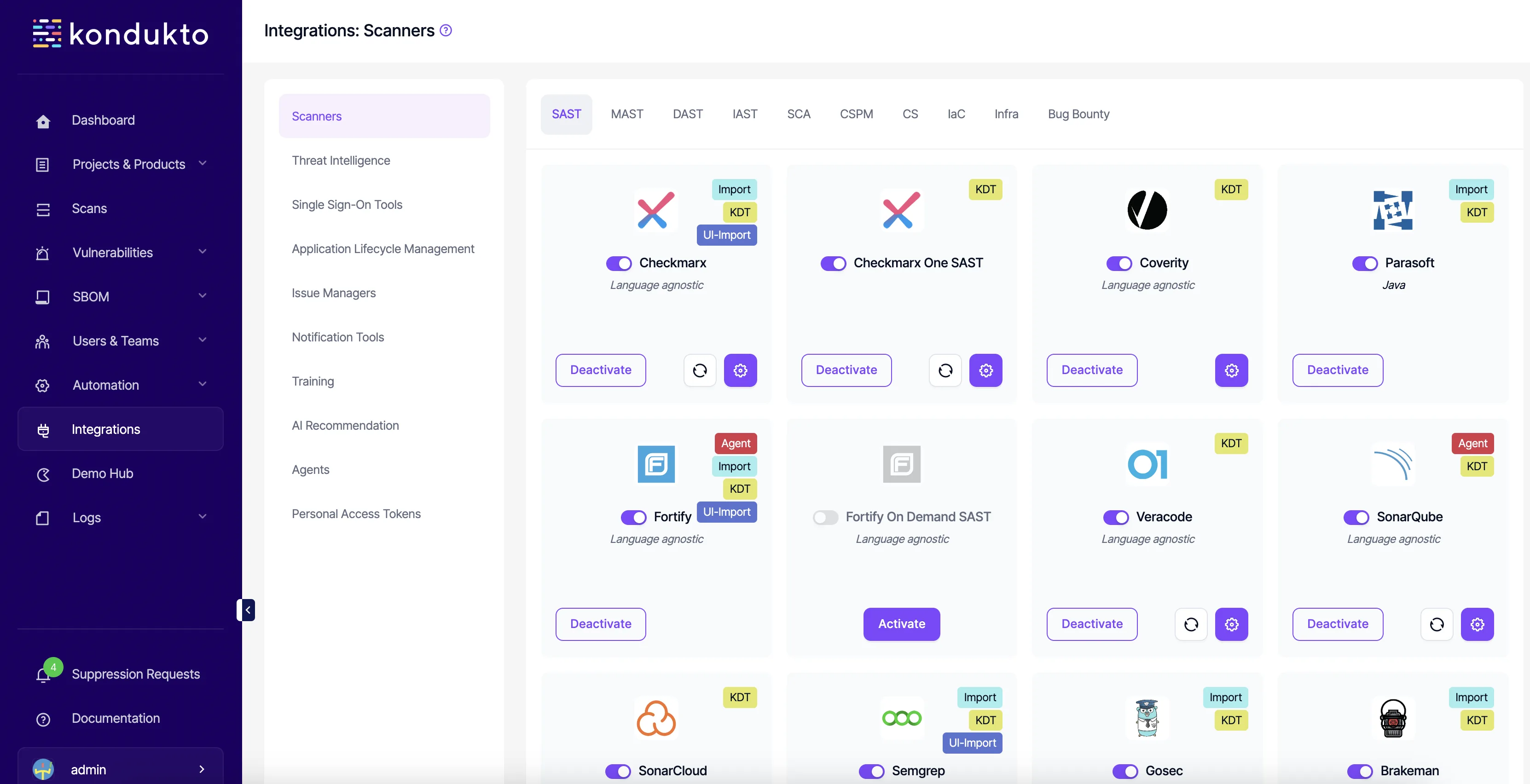 Invicti ASPM integrations panel showing scanner connections for SAST, DAST, SCA, and IaC tools