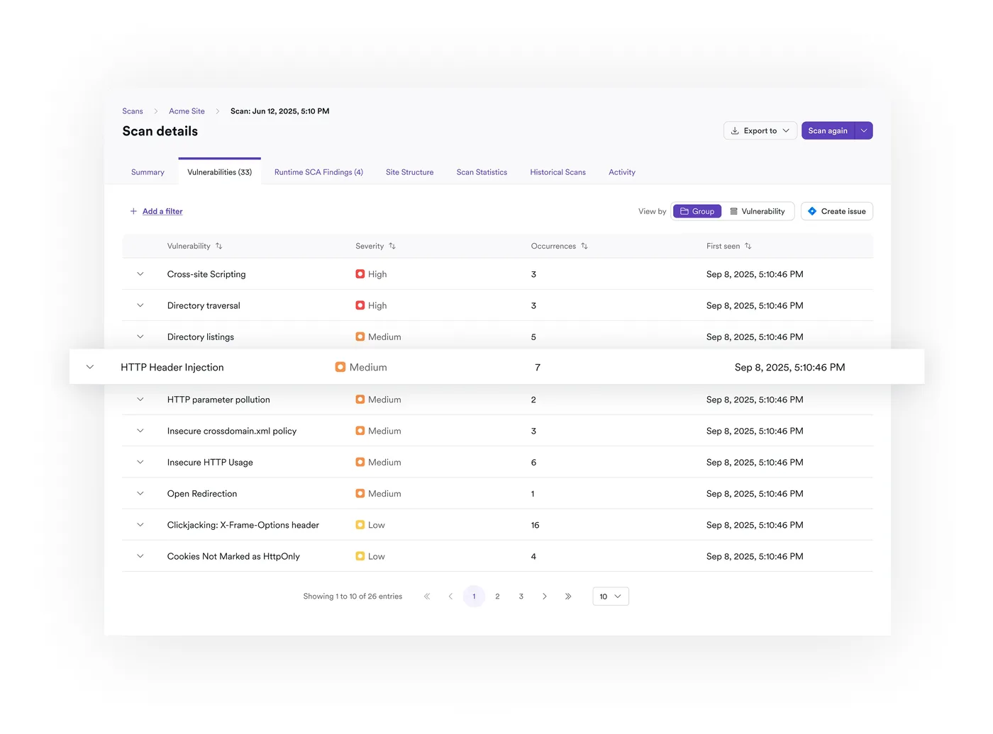 Invicti ASPM scan details showing vulnerability findings by severity with MTTR tracking