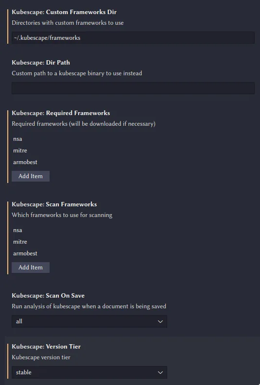 Kubescape VS Code extension configuration showing framework and scanning options