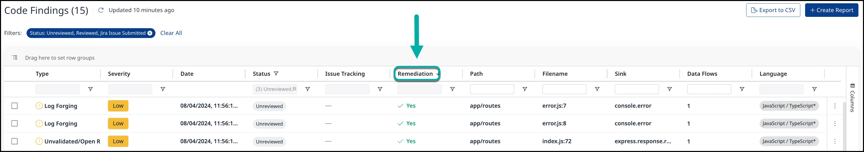 Mend SAST code findings list with remediation status tracking